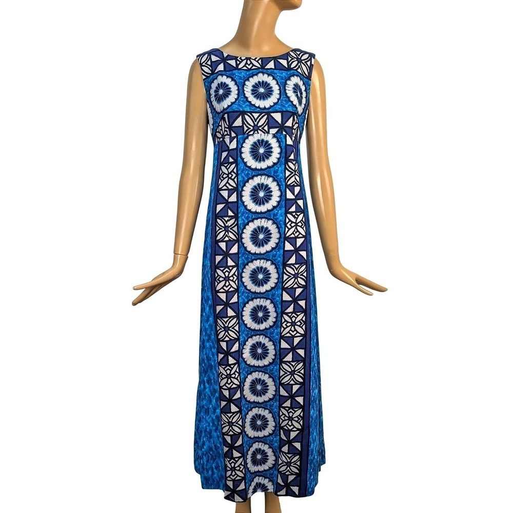 Vintage Ui-maikai Tiki Blue Geometric Print Sleeveless Maxi Dress Boho 60s Mod